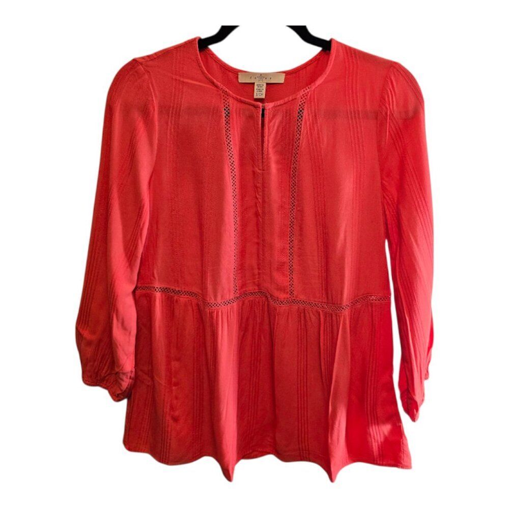 FEVER ORANGE TOP 3/4 SLEEVE SIZE SMALL TIERED BOTTOM 3/4 SLEEVES BOHO RELAXED